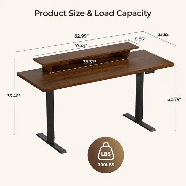 Alt view image 2 of 7 - 63 x 24 Inch Electric Standing Up Desk with Monitor Shelf, Walnut