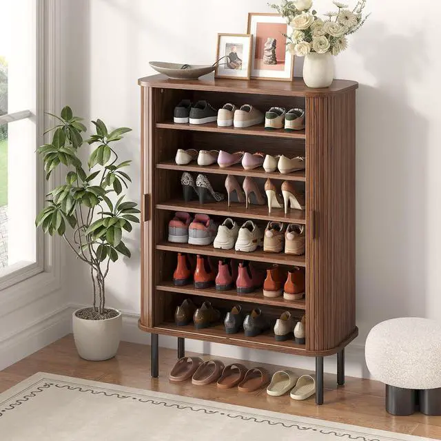 Alt view image 6 of 7 - 6-Tier Shoe Storage Cabinet for Entryway with Sliding Door Walnut