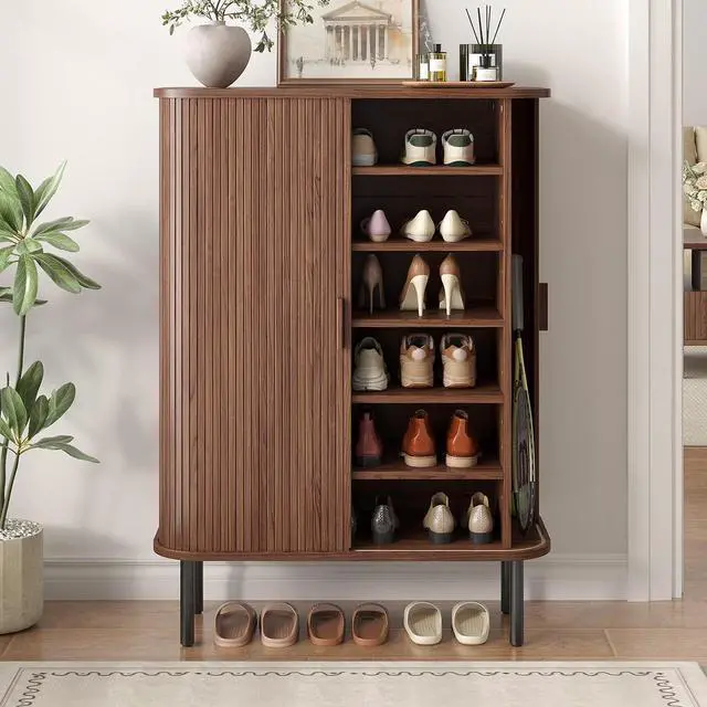 Alt view image 7 of 7 - 6-Tier Shoe Storage Cabinet for Entryway with Sliding Door Walnut