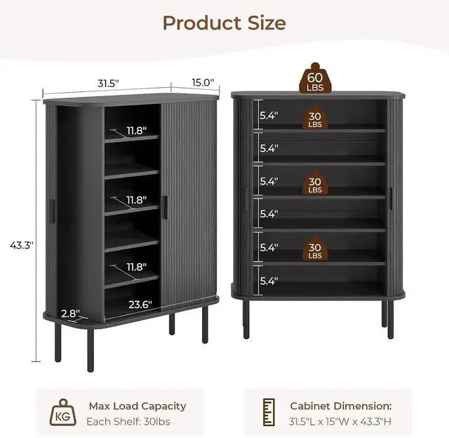 Alt view image 2 of 7 - 6-Tier Shoe Storage Cabinet for Entryway with Sliding Doors Black