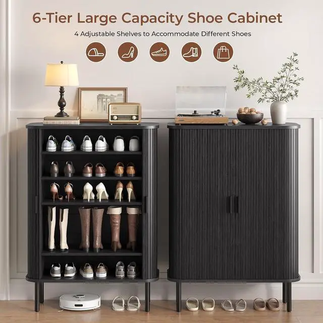 Alt view image 3 of 7 - 6-Tier Shoe Storage Cabinet for Entryway with Sliding Doors Black