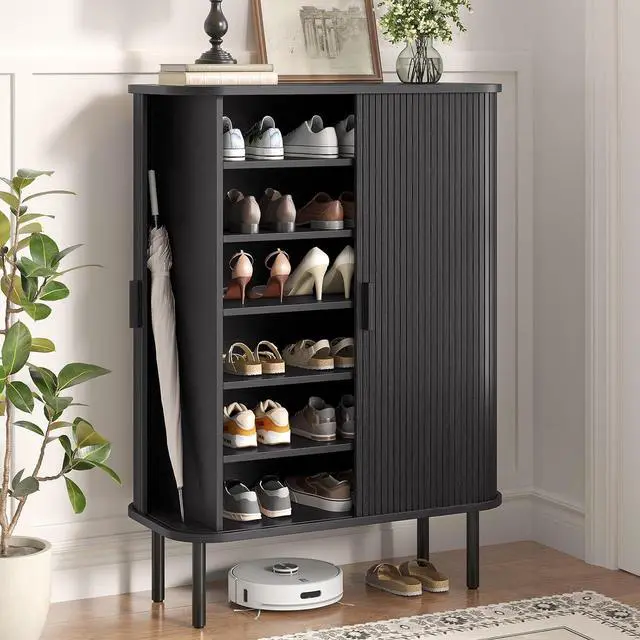 Main image of 6-Tier Shoe Storage Cabinet for Entryway with Sliding Doors Black