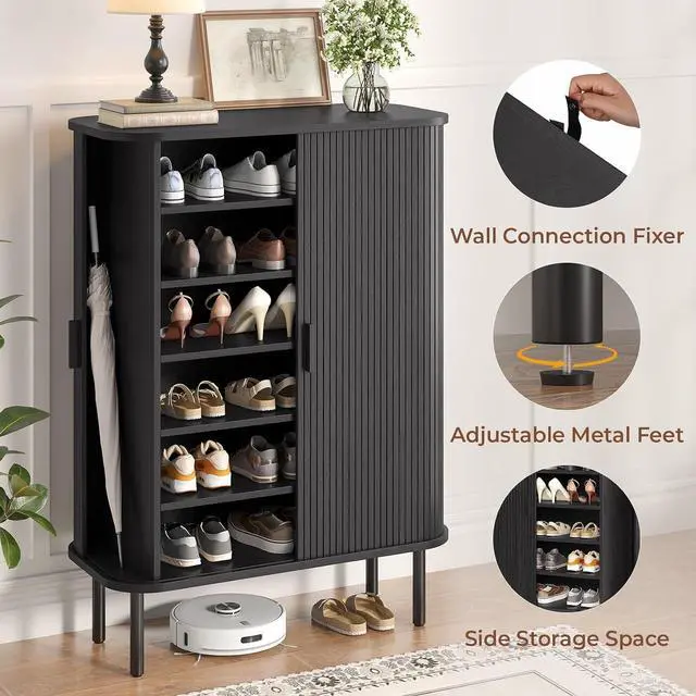 Alt view image 5 of 7 - 6-Tier Shoe Storage Cabinet for Entryway with Sliding Doors Black
