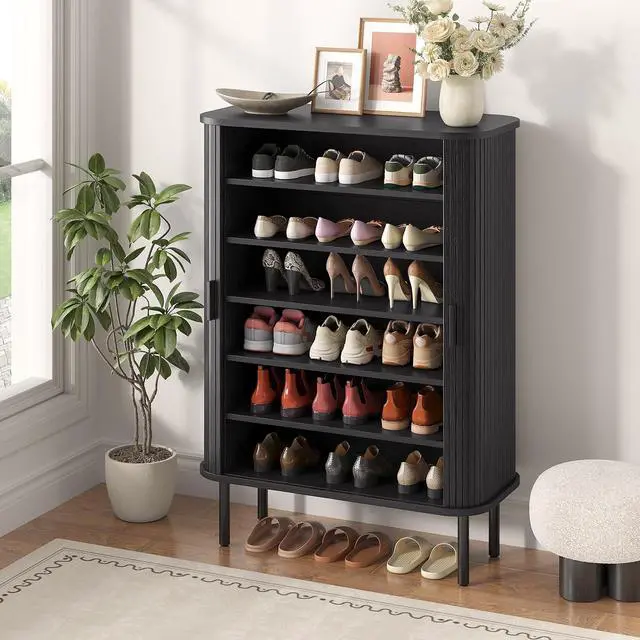 Alt view image 6 of 7 - 6-Tier Shoe Storage Cabinet for Entryway with Sliding Doors Black
