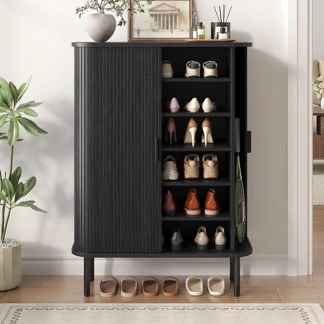 Alt view image 7 of 7 - 6-Tier Shoe Storage Cabinet for Entryway with Sliding Doors Black