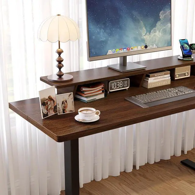 Alt view image 4 of 7 - 63 x 24 Inch Electric Standing Up Desk with Monitor Shelf, Walnut