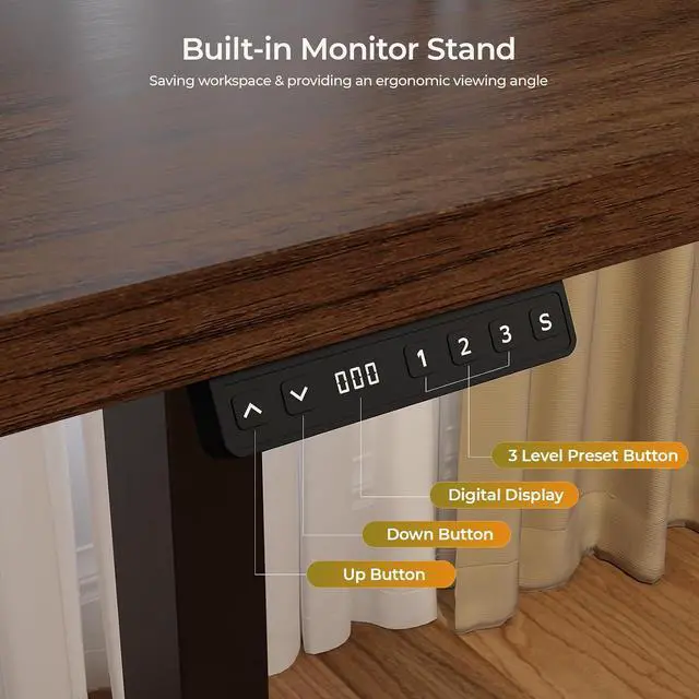 Alt view image 5 of 7 - 63 x 24 Inch Electric Standing Up Desk with Monitor Shelf, Walnut
