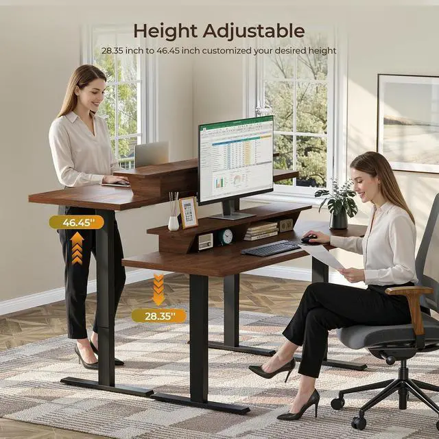 Alt view image 6 of 7 - 63 x 24 Inch Electric Standing Up Desk with Monitor Shelf, Walnut