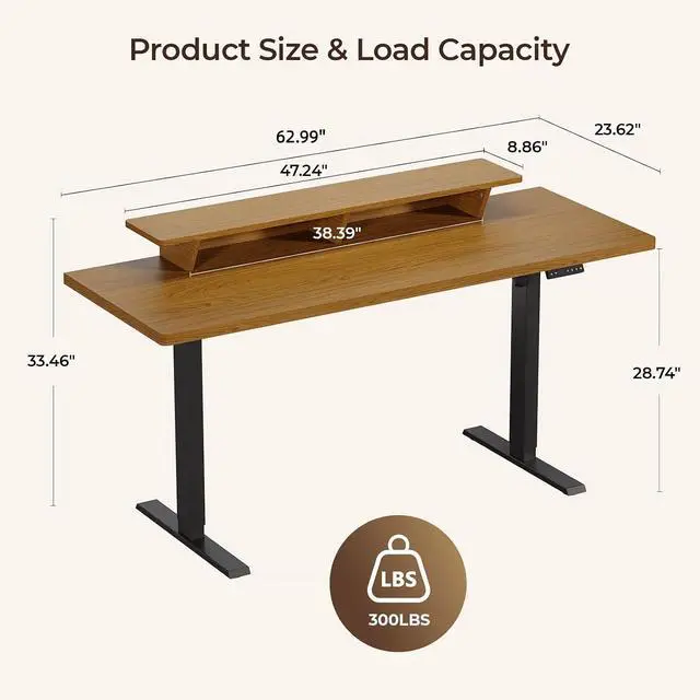 Alt view image 2 of 7 - 63 x 24 Inch Electric Standing Up Desk with Monitor Shelf, Oak