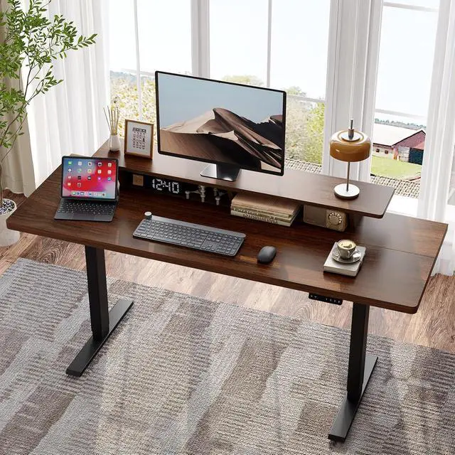 Alt view image 3 of 7 - 63 x 24 Inch Electric Standing Up Desk with Monitor Shelf, Walnut