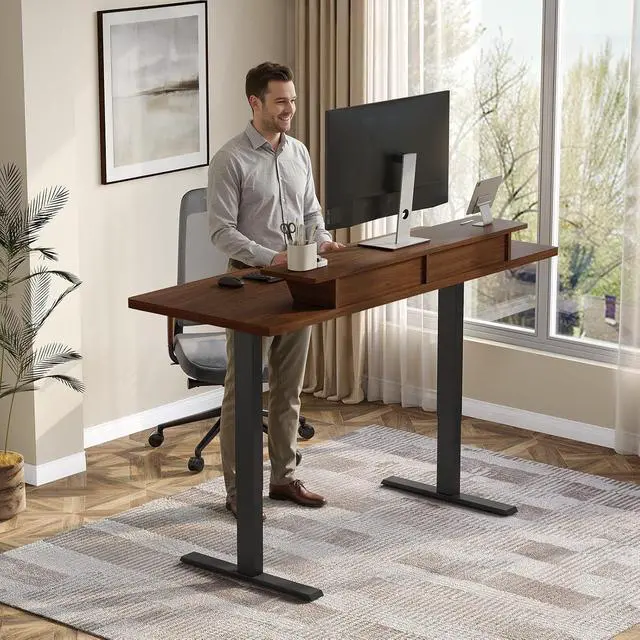 Alt view image 7 of 7 - 63 x 24 Inch Electric Standing Up Desk with Monitor Shelf, Walnut