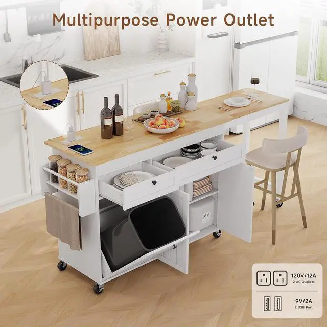 Alt view image 2 of 7 - Kitchen Islands with Storage, Extendable Dining Table and Power Outlet