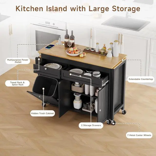 Alt view image 6 of 7 - Kitchen Islands with Storage, Extendable Dining Table and Power Outlet