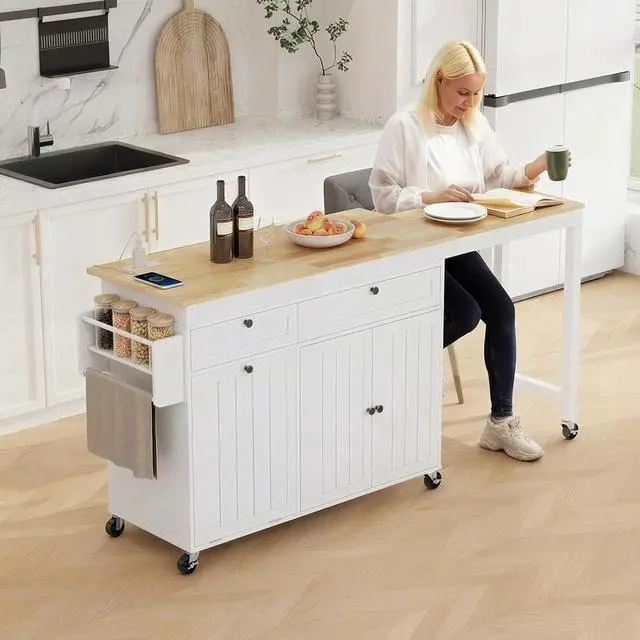 Alt view image 4 of 7 - Kitchen Islands with Storage, Extendable Dining Table and Power Outlet