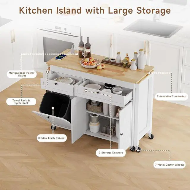 Alt view image 6 of 7 - Kitchen Islands with Storage, Extendable Dining Table and Power Outlet