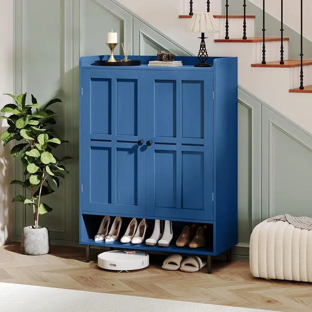 Alt view image 3 of 7 - Shoe Storage Cabinet with 2 Doors, 6-Tier Shoe Cabinet with 3 Adjustable Shelves and Metal Legs, 45'' Tall Shoe Rack Organizer Cabinet for Entryway, Front Door, Blue
