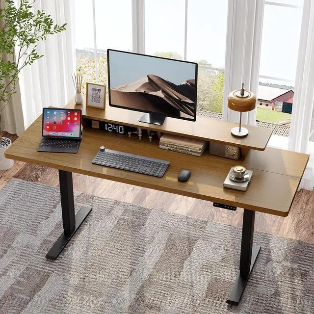 Alt view image 3 of 7 - 55 x 24 Inch Electric Standing Up Desk with Monitor Shelf, Oak