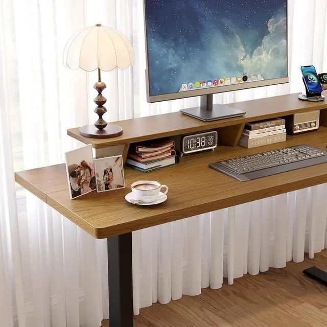 Alt view image 4 of 7 - 55 x 24 Inch Electric Standing Up Desk with Monitor Shelf, Oak