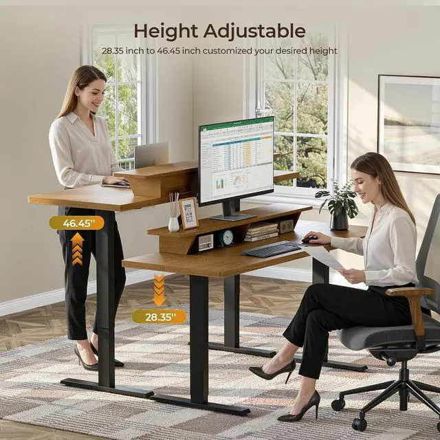 Alt view image 6 of 7 - 55 x 24 Inch Electric Standing Up Desk with Monitor Shelf, Oak