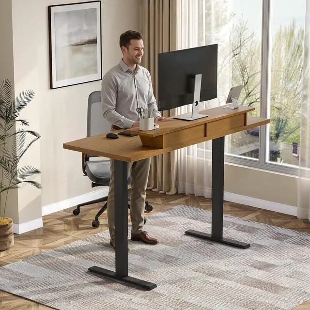 Alt view image 7 of 7 - 55 x 24 Inch Electric Standing Up Desk with Monitor Shelf, Oak