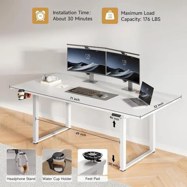Alt view image 2 of 7 - 71x32 Inch Adjustable Standing Desk with 4 Legs, White