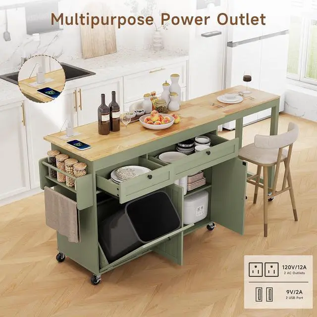 Alt view image 2 of 7 - Kitchen Islands with Storage, Extendable Dining Table and Power Outlet