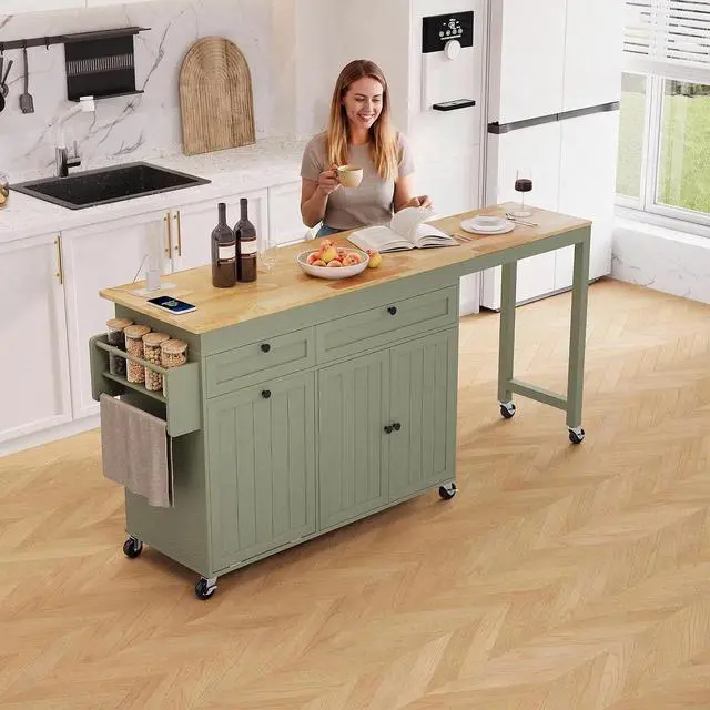 Alt view image 4 of 7 - Kitchen Islands with Storage, Extendable Dining Table and Power Outlet