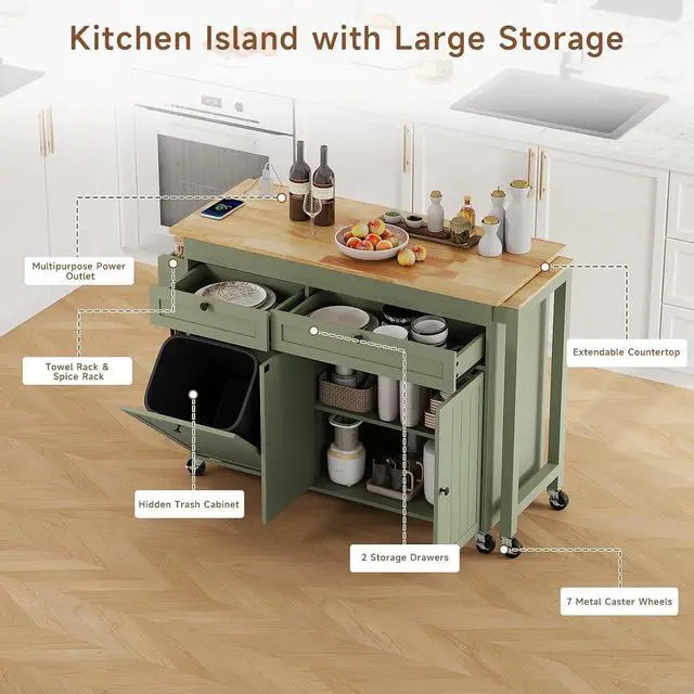 Alt view image 5 of 7 - Kitchen Islands with Storage, Extendable Dining Table and Power Outlet