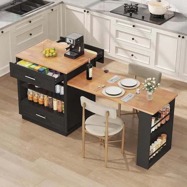 Main image of Kitchen Island with Extendable Dining Table, Black