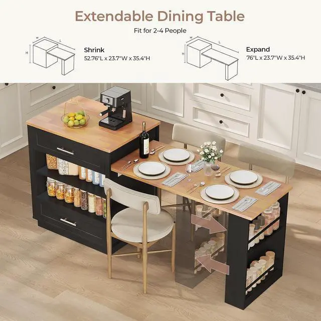 Alt view image 3 of 7 - Kitchen Island with Extendable Dining Table, Black