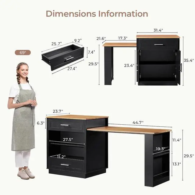 Alt view image 2 of 7 - Kitchen Island with Extendable Dining Table, Black