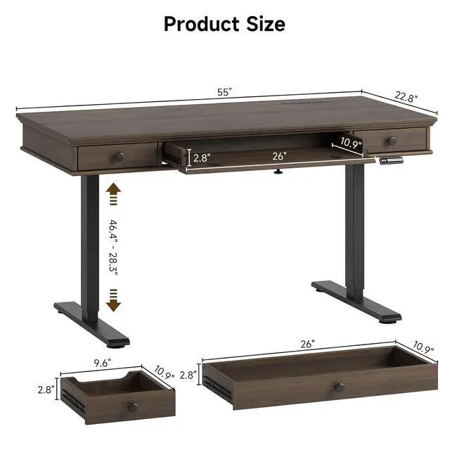Alt view image 2 of 7 - 55 x 23 Inch Electric Standing Desk with Drawers, Dark Walnut