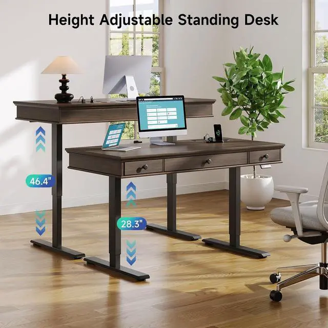 Alt view image 3 of 7 - 55 x 23 Inch Electric Standing Desk with Drawers, Dark Walnut