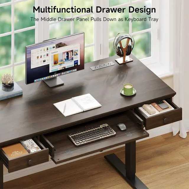 Alt view image 5 of 7 - 55 x 23 Inch Electric Standing Desk with Drawers, Dark Walnut