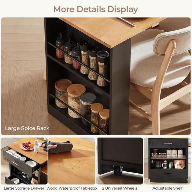 Alt view image 6 of 7 - Kitchen Island with Extendable Dining Table, Black