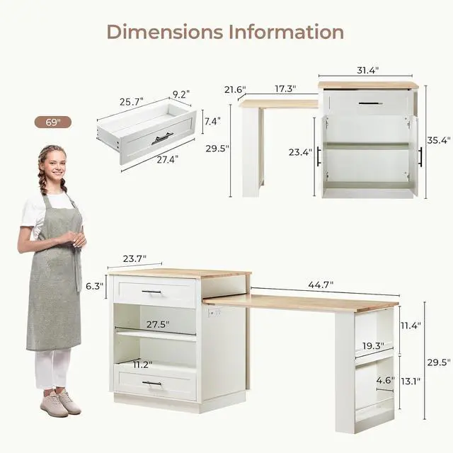 Alt view image 2 of 7 - Kitchen Island with Extendable Dining Table, White