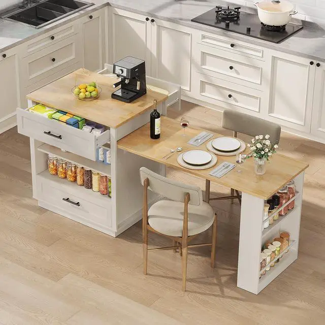 Main image of Kitchen Island with Extendable Dining Table, White