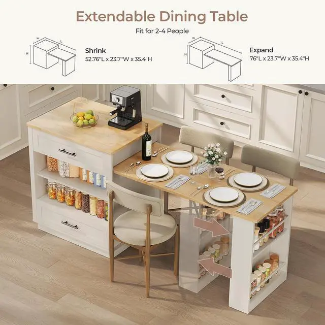 Alt view image 3 of 7 - Kitchen Island with Extendable Dining Table, White
