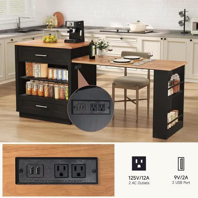 Alt view image 4 of 7 - Kitchen Island with Extendable Dining Table, Black