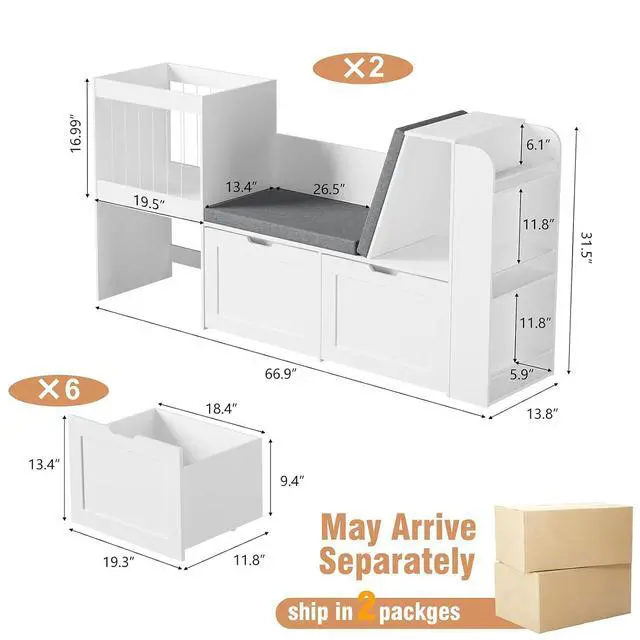 Alt view image 2 of 7 - 2 Pack Kids Bookshelf with Reading Nook, 66.9'' Wooden Toy Storage Organizer with Stuffed Animal Holder, White Bookcase for Boys & Girls, Toddler Toy Storage with Drawers for Bedroom, Nursery
