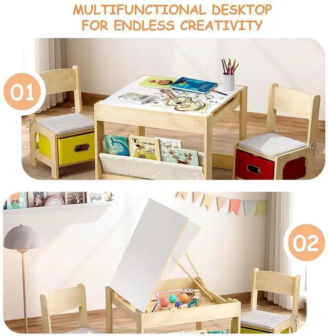 Alt view image 2 of 7 - Kids Table and 2 Chairs Set, Wooden Toddler Activity Table with Adjustable Drawing Tabletop, Safety Hinges, Storage Drawers &Bookshelf for Playroom, Nursery, Ages 1-6, Burlywood