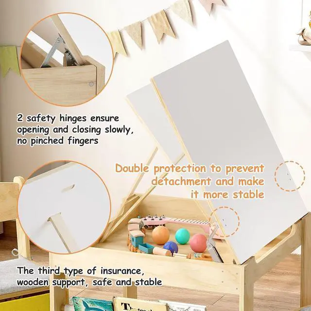 Alt view image 3 of 7 - Kids Table and 2 Chairs Set, Wooden Toddler Activity Table with Adjustable Drawing Tabletop, Safety Hinges, Storage Drawers &Bookshelf for Playroom, Nursery, Ages 1-6, Burlywood
