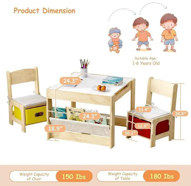 Alt view image 4 of 7 - Kids Table and 2 Chairs Set, Wooden Toddler Activity Table with Adjustable Drawing Tabletop, Safety Hinges, Storage Drawers &Bookshelf for Playroom, Nursery, Ages 1-6, Burlywood