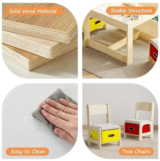 Alt view image 7 of 7 - Kids Table and 2 Chairs Set, Wooden Toddler Activity Table with Adjustable Drawing Tabletop, Safety Hinges, Storage Drawers &Bookshelf for Playroom, Nursery, Ages 1-6, Burlywood