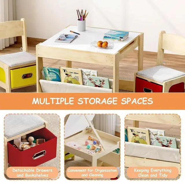 Alt view image 6 of 7 - Kids Table and 2 Chairs Set, Wooden Toddler Activity Table with Adjustable Drawing Tabletop, Safety Hinges, Storage Drawers &Bookshelf for Playroom, Nursery, Ages 1-6, Burlywood