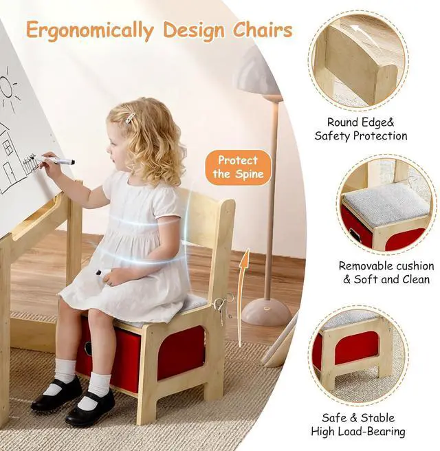 Alt view image 5 of 7 - Kids Table and 2 Chairs Set, Wooden Toddler Activity Table with Adjustable Drawing Tabletop, Safety Hinges, Storage Drawers &Bookshelf for Playroom, Nursery, Ages 1-6, Burlywood