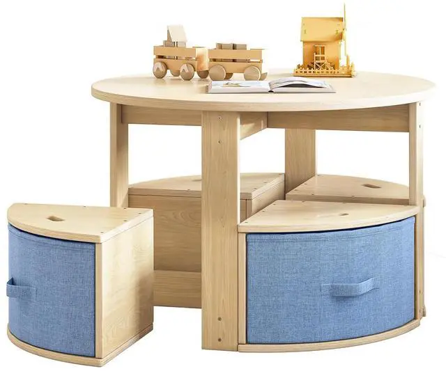 Main image of Toddler Table and Chair Set, Round Kids Table and Chairs with Nesting Design, Wooden Activity Table & 4 Storage Drawers Chairs for Daycare Nursery Playroom