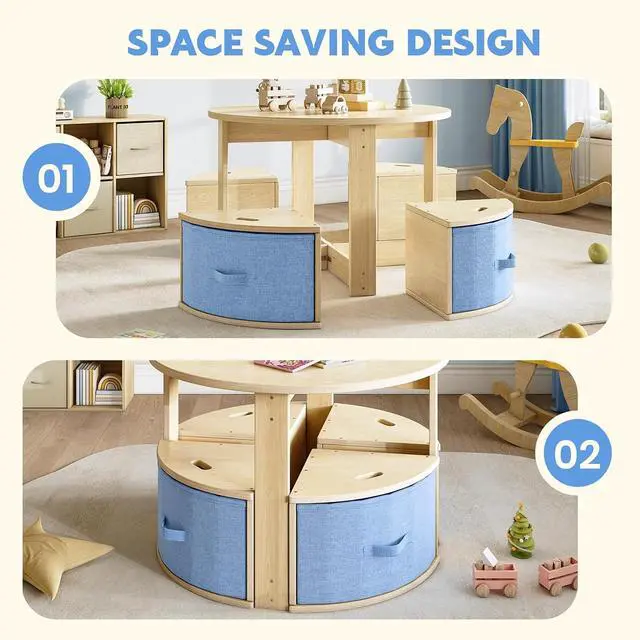 Alt view image 4 of 7 - Toddler Table and Chair Set, Round Kids Table and Chairs with Nesting Design, Wooden Activity Table & 4 Storage Drawers Chairs for Daycare Nursery Playroom