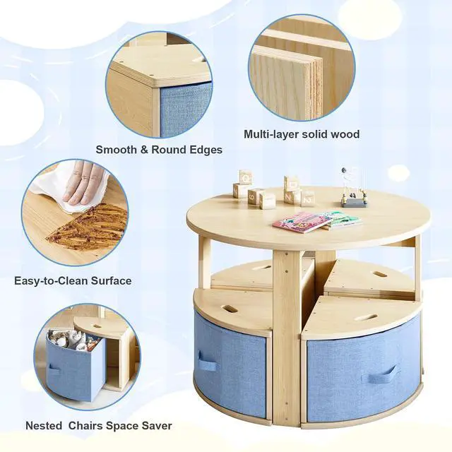 Alt view image 6 of 7 - Toddler Table and Chair Set, Round Kids Table and Chairs with Nesting Design, Wooden Activity Table & 4 Storage Drawers Chairs for Daycare Nursery Playroom