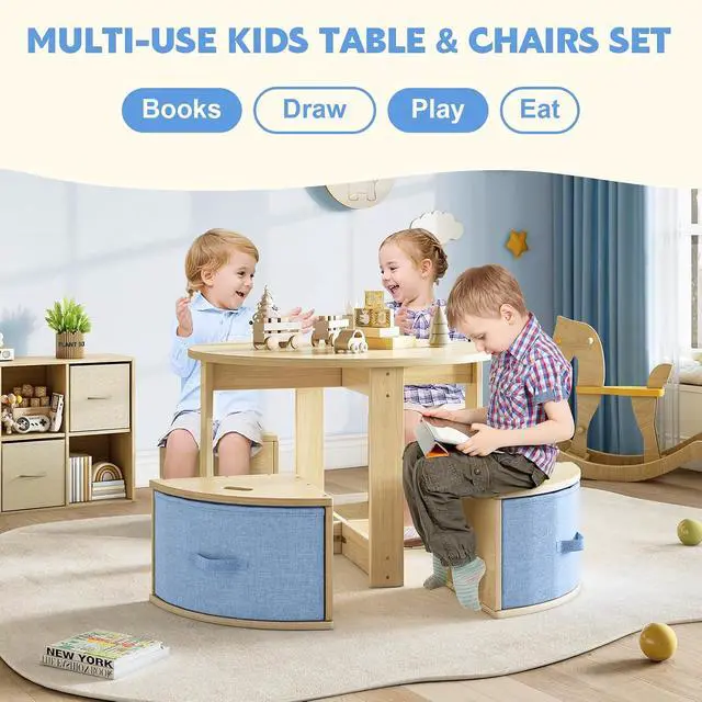 Alt view image 7 of 7 - Toddler Table and Chair Set, Round Kids Table and Chairs with Nesting Design, Wooden Activity Table & 4 Storage Drawers Chairs for Daycare Nursery Playroom